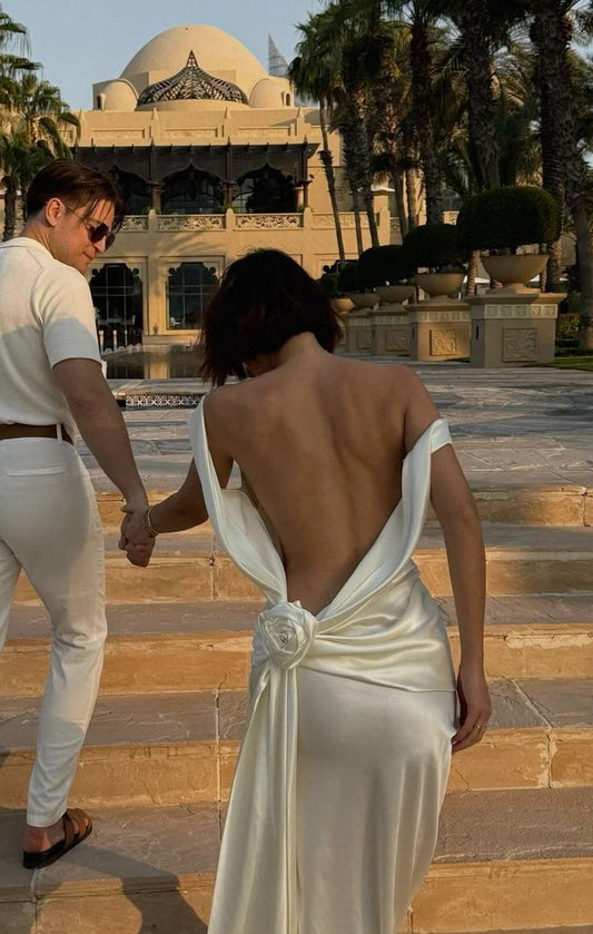 Elegant Ivory Backless Sheath Satin Long Party Dress Light Wedding Dress, D500