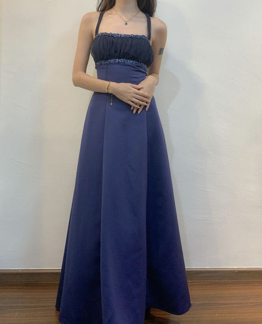 Elegant Navy Blue Straps A-Line Long Party Dress Vintage Prom Dress, D502