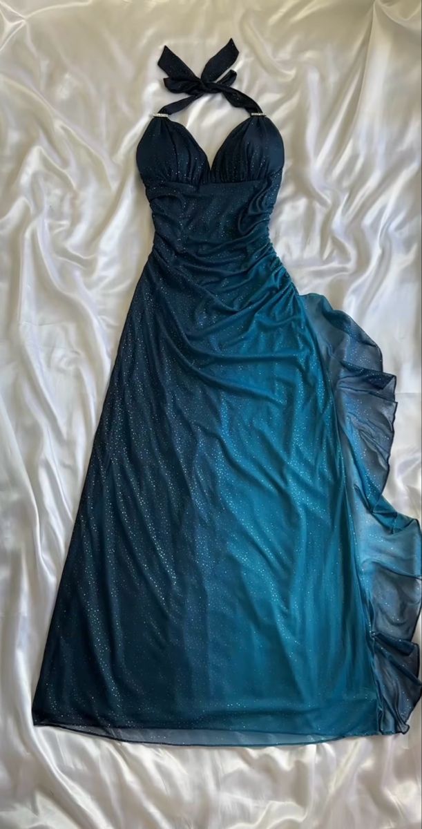 Blue Halter Chiffon Sheath Ruffles Long Party Dress Vintage Prom Dress, D503