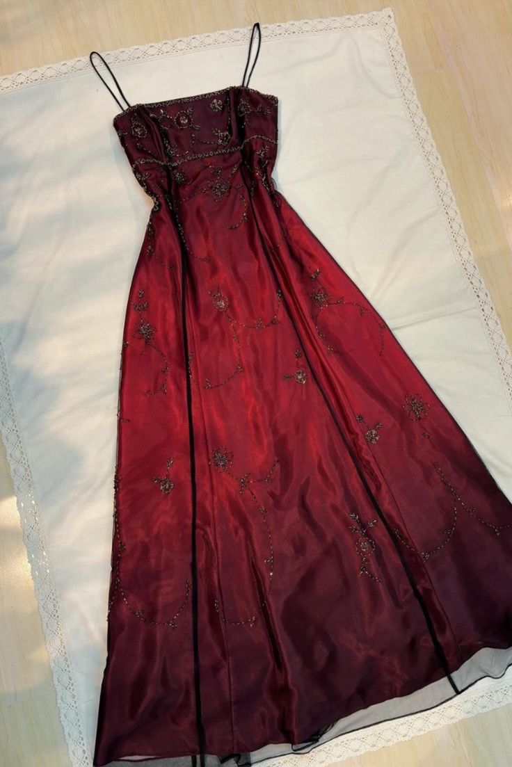 Wine Red Straps A-Line Beading Long Party Dress Vintage Prom Dress, D505