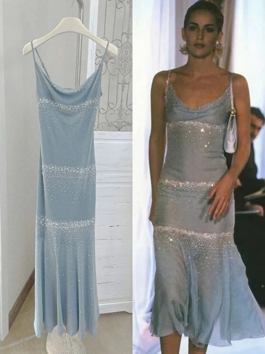 Shiny Blue Spaghetti Straps Sheath Midi Length Party Dress Cocktail Dress, D507