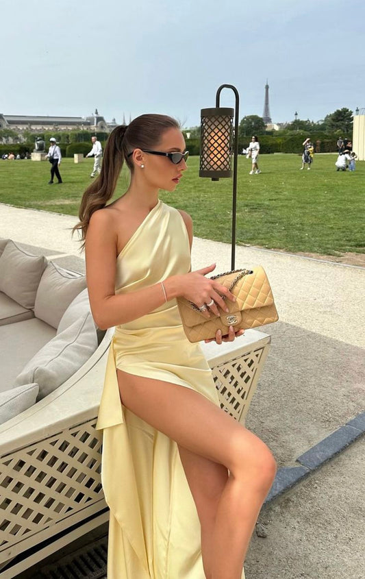 Light Yellow One Shoulder Sheath Satin Long Party Dress Wedding Guest Dress, D513