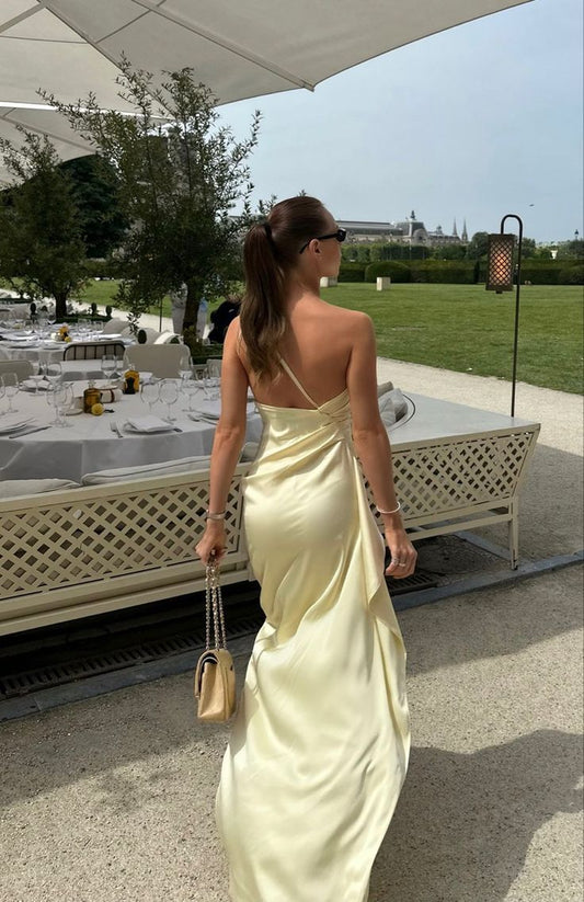 Light Yellow One Shoulder Sheath Satin Long Party Dress Wedding Guest Dress, D513