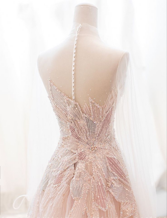 Wunderschönes langes A-Linien-Ballkleid mit Perlenbesatz und langen Ärmeln, D516