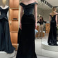 Black Off Shoulder Mermaid Satin Long Prom Dress Formal Evening Gown, D517