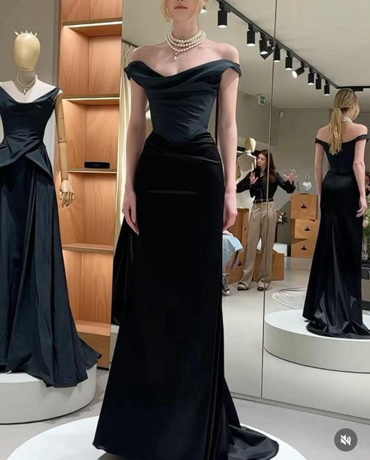 Black Off Shoulder Mermaid Satin Long Prom Dress Formal Evening Gown, D517