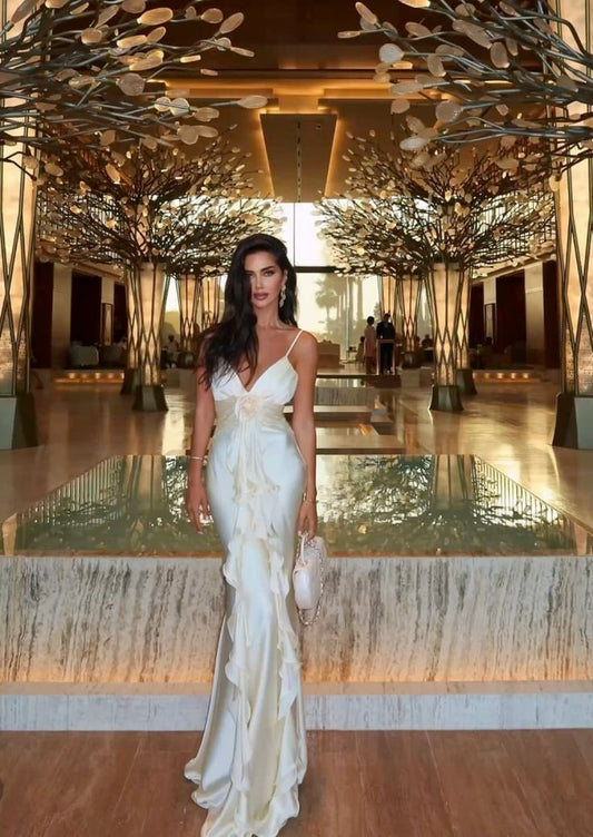 Elegantes Elfenbein Spaghettiträger Etuikleid aus Satin, lang, Partykleid, Abendkleid, D518