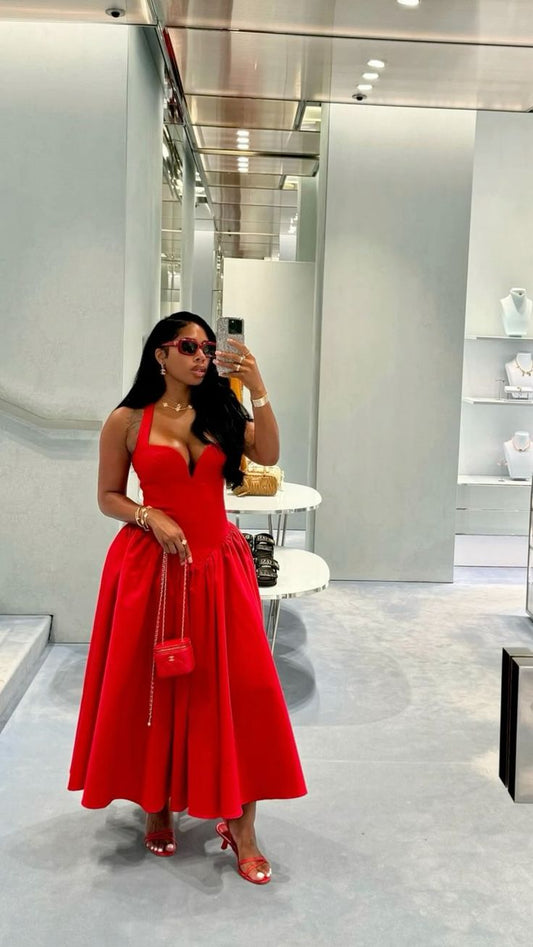 Red Halter Sweetheart A-Line Long Party Dress Wedding Guest Dress, D522