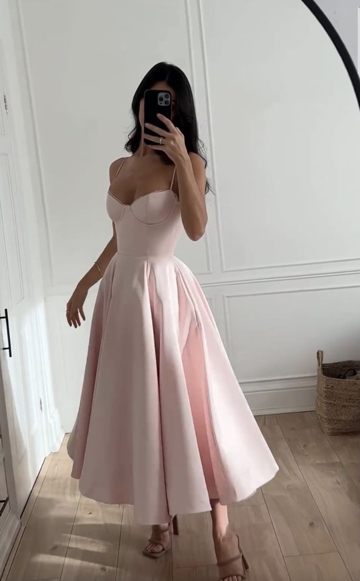 Pink Straps A-Line Long Party Dress Wedding Guest Dress Birthday Dress, D523