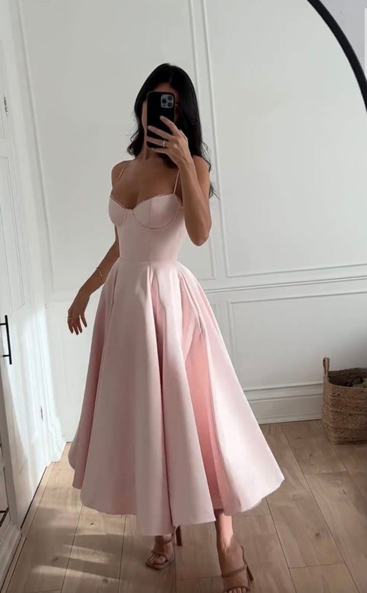Pink Straps A-Line Long Party Dress Wedding Guest Dress Birthday Dress, D523