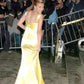 Elegant Yellow Straps Mermaid Satin Long Party Dress Evening Gown, D537