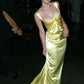 Elegant Yellow Straps Mermaid Satin Long Party Dress Evening Gown, D537