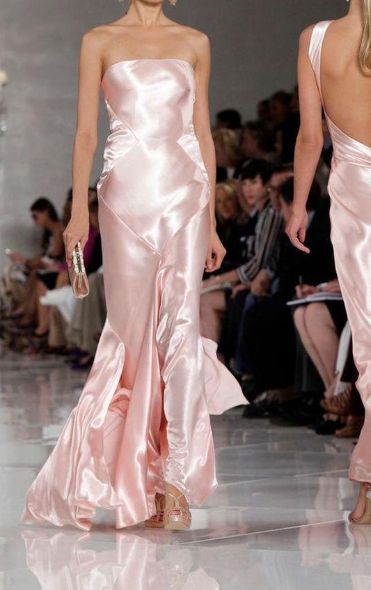 Light Pink Strapless Sheath Satin Long Party Dress Wedding Guest Dress, D539