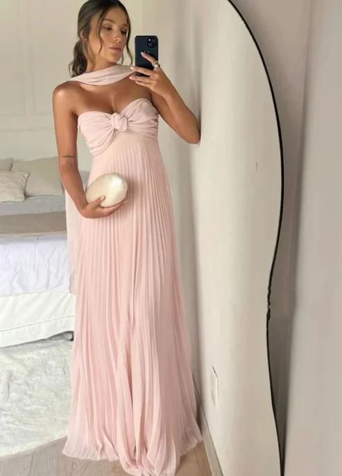 Pink Strapless A-Line Long Formal Party Dress Wedding Guest Dress, D541