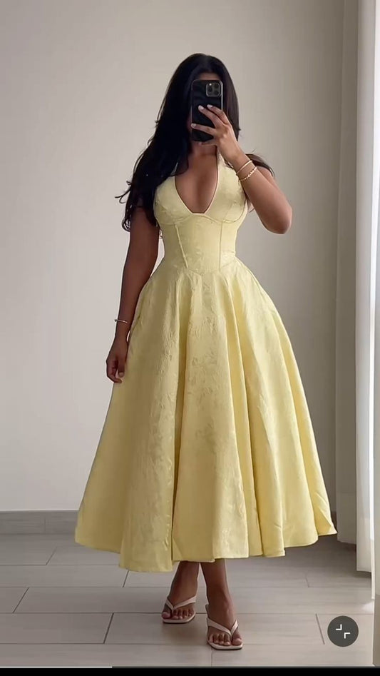 Light Yellow V Neck Halter A-Line Long Party Dress Wedding Guest Dress, D547
