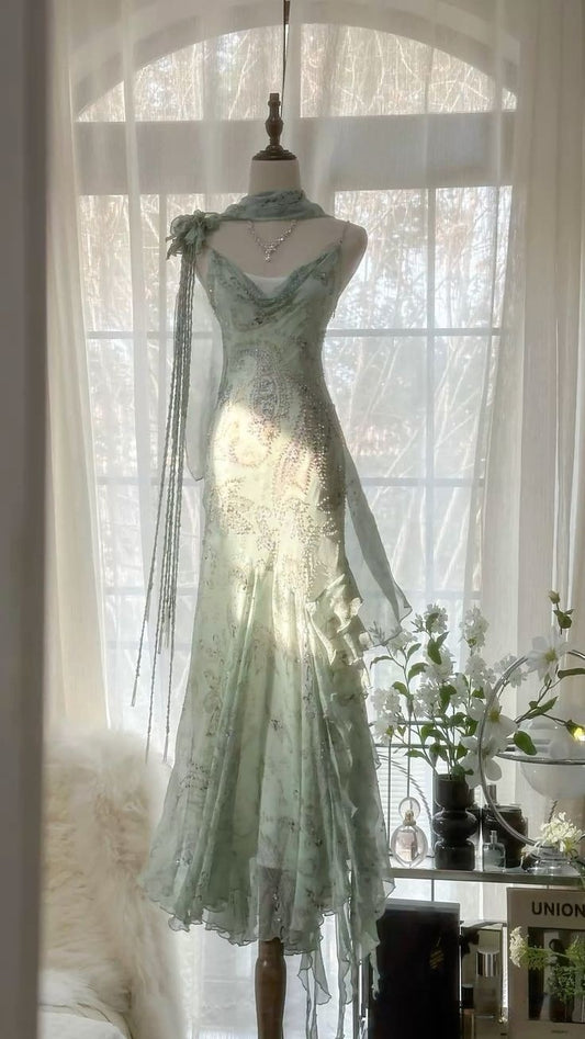 Elegant Spaghetti Straps Beading Mermaid Long Party Dress Evening Gown, D550