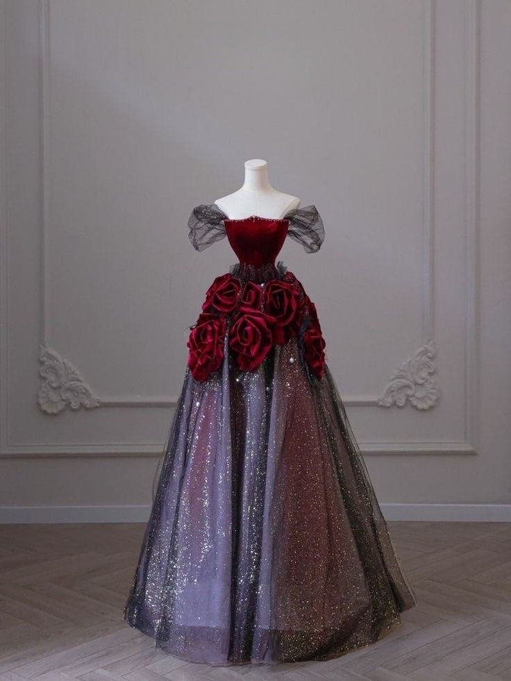 Schulterfreies A-Linien-Tüll-Abendkleid, lang, formelles Ballkleid, D551