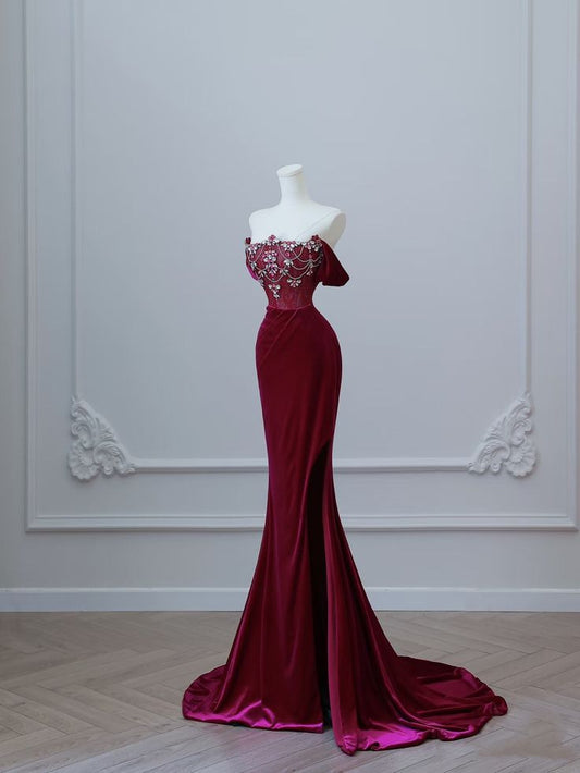 Wine Red Off Shoulder Velvet Mermaid Long Formal Prom Dress Evening Gown, D552