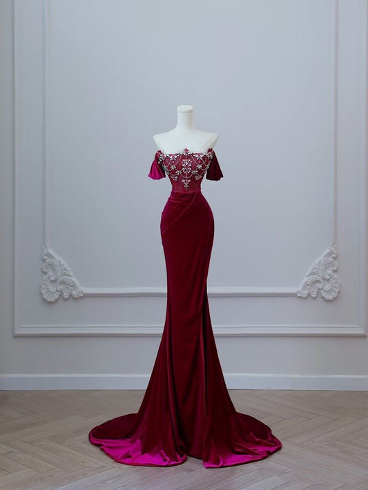 Wine Red Off Shoulder Velvet Mermaid Long Formal Prom Dress Evening Gown, D552