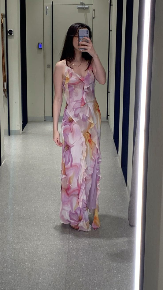 Elegant Lilac Straps Sheath Chiffon Long Party Dress Wedding Guest Dress, D559