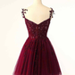 Vintage Burgundy Applique Sweetheart Spaghetti Strap Design A-line Tulle Party Dress Homecoming Dress D1554