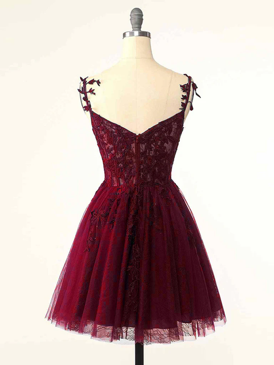 Vintage Burgundy Applique Sweetheart Spaghetti Strap Design A-line Tulle Party Dress Homecoming Dress D1554