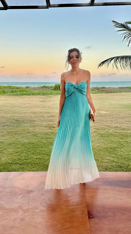 Blue Ombre Strapless A-Line Long Party Dress Wedding Guest Dress, D561
