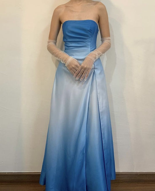 Blue Ombre Strapless A-Line Satin Long Party Dress Formal Prom Dress, D564
