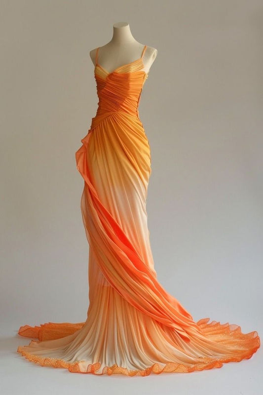 Orangefarbenes, trägerloses Meerjungfrau-Chiffon-Retro-Abendkleid mit langen Ärmeln, D569