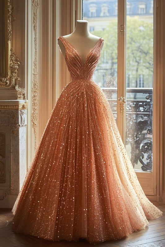 Stunning V Neck A-Line Shiny Long Prom Dress Formal Evening Gown, D570