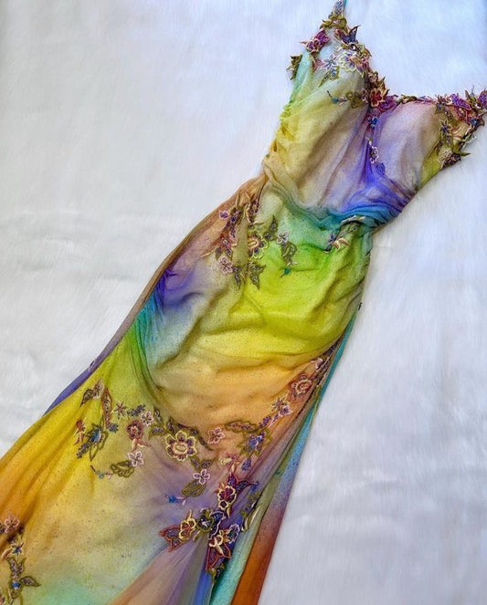 Colorful Straps Appliques Tulle Mermaid Long Party Dress Retro Evening Dress, D571