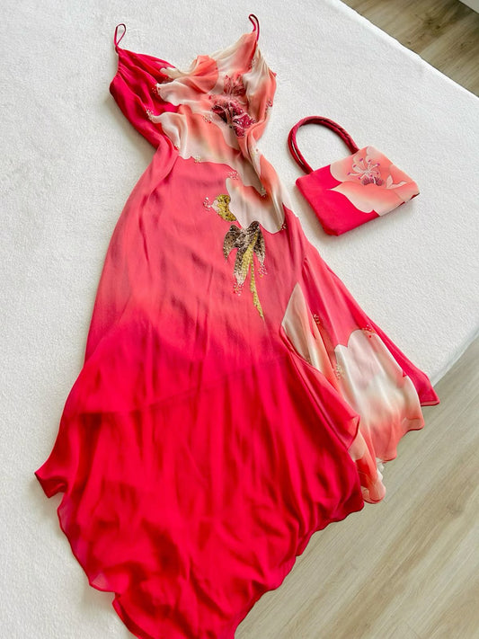 Rote Spaghettiträger Blumen Chiffon Vintage Langes Abend Partykleid, D576