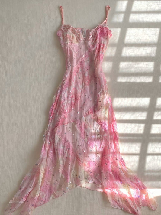 Pink Straps Sequins Lace Sheath Chiffon Long Party Dress Birthday Dress, D579