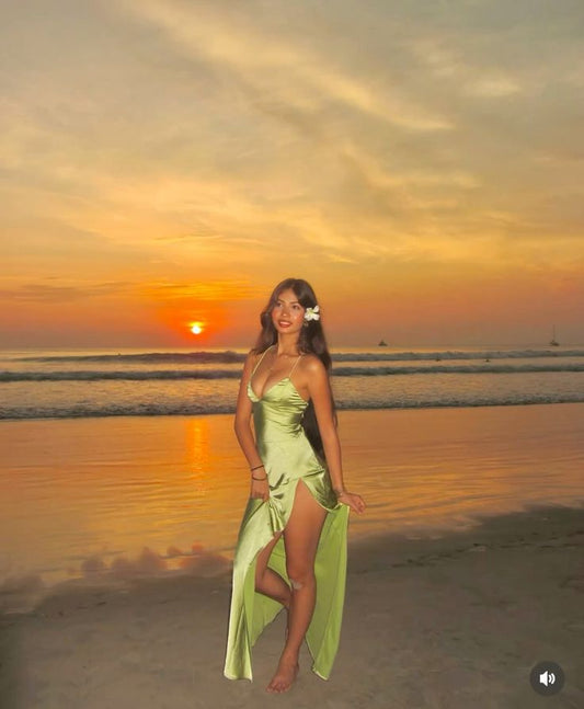 Green V Neck Straps Sheath Satin Split Long Party Dress Wedding Guest Dress, D585