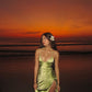 Green V Neck Straps Sheath Satin Split Long Party Dress Wedding Guest Dress, D585