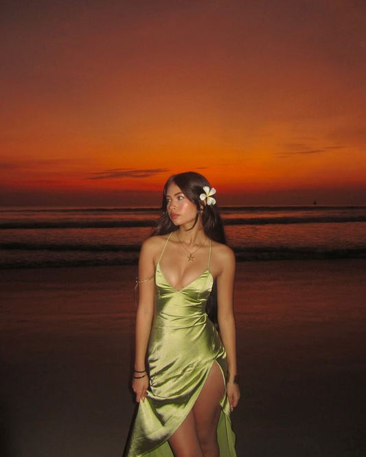 Green V Neck Straps Sheath Satin Split Long Party Dress Wedding Guest Dress, D585