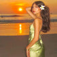 Green V Neck Straps Sheath Satin Split Long Party Dress Wedding Guest Dress, D585