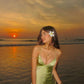 Green V Neck Straps Sheath Satin Split Long Party Dress Wedding Guest Dress, D585