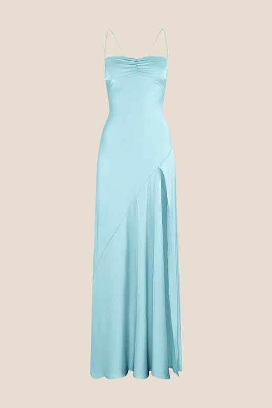 Blue Straps A-Line Satin Wedding Guest Dress Simple Long Party Dress, D587