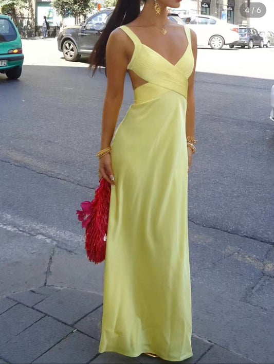 Yellow Straps A-Line Satin Wedding Guest Dress Simple Long Party Dress, D588