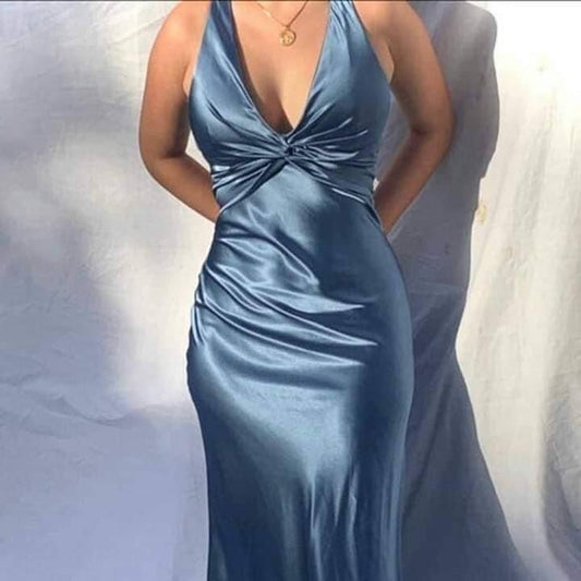 Tiffany Blue V Neck Sheath Satin Wedding Guest Dress Simple Long Party Dress, D589