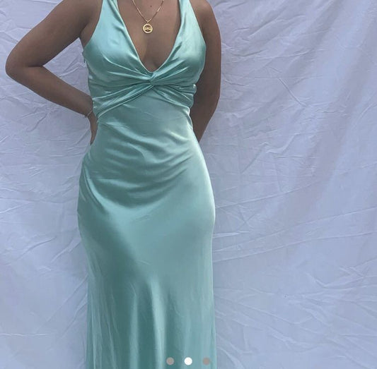 Tiffany Blue V Neck Sheath Satin Wedding Guest Dress Simple Long Party Dress, D589