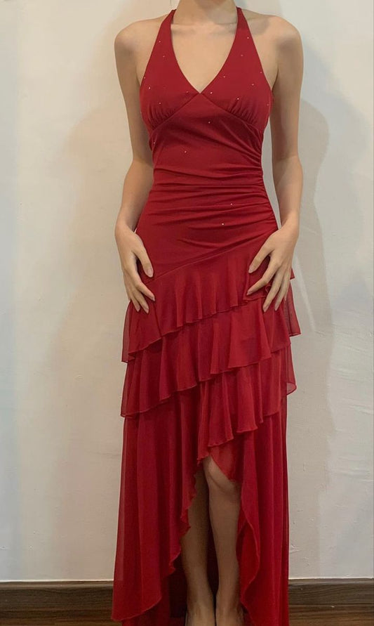 Wine Red Halter A-Line Chiffon Tiered Vintage Long Evening Party Dress, D592