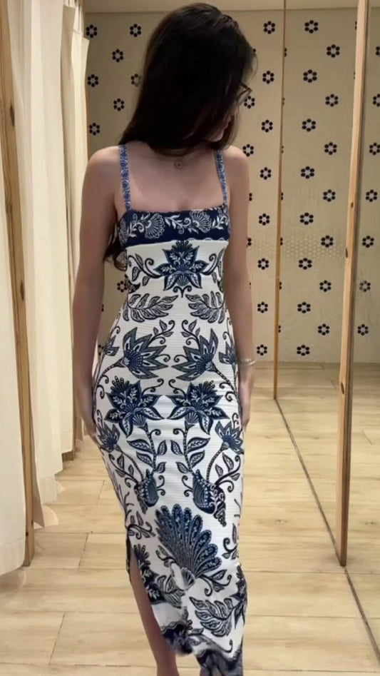 Fashion Straps Sheath Printed Long Party Dress Pretty Beach Dress, D568