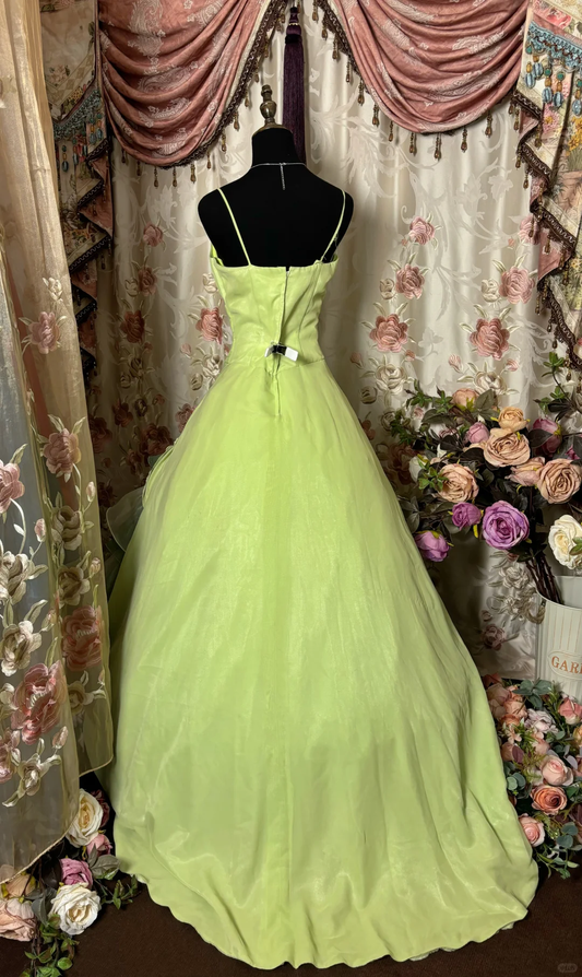 Grüne Spaghettiträger A-Linie Stufen Chiffon Vintage Langes Ballkleid Abendkleid, D594