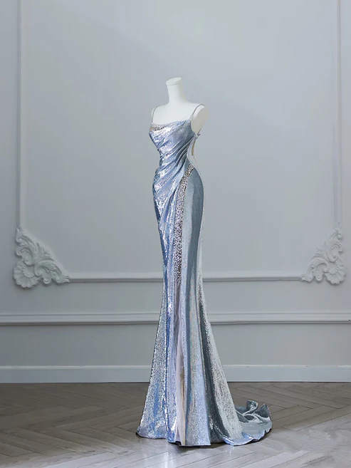 Silberne Träger Meerjungfrau Pailletten Langes Ballkleid Sexy Abendkleid, D597