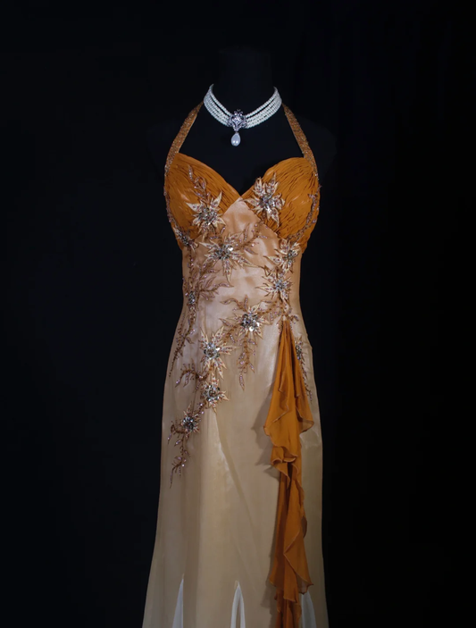 Orange Neckholder Meerjungfrau Perlenbesetztes Langes Ballkleid Vintage Abendkleid, D599