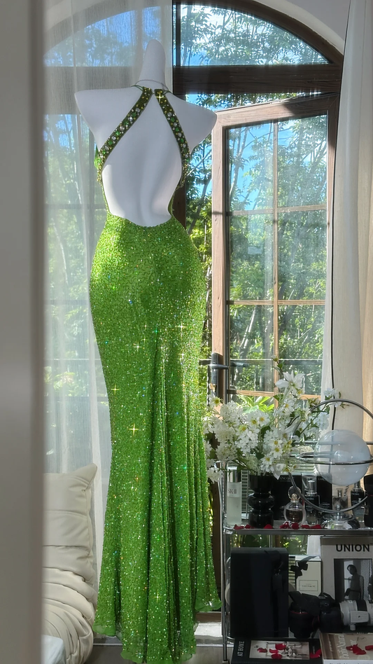 Shiny Green Sequined V-neck Spaghetti Strap Design Chiffon Prom Dress Evening Dress D1707