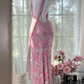 Vintage Gorgeous Pink Floral V-neck Applique Elegant Chiffon Long Evening Dress Prom Dresses D1607