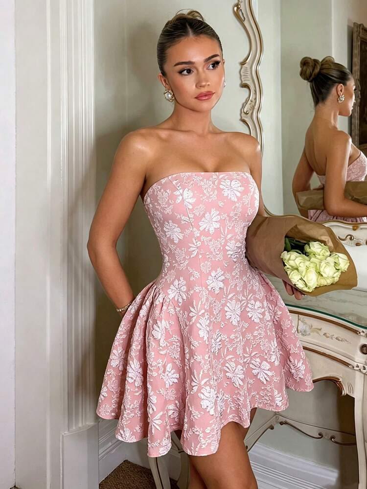 Unique Homecoming Dress Strapless Applique Pleated Back to School Outfits Party Dress D7817